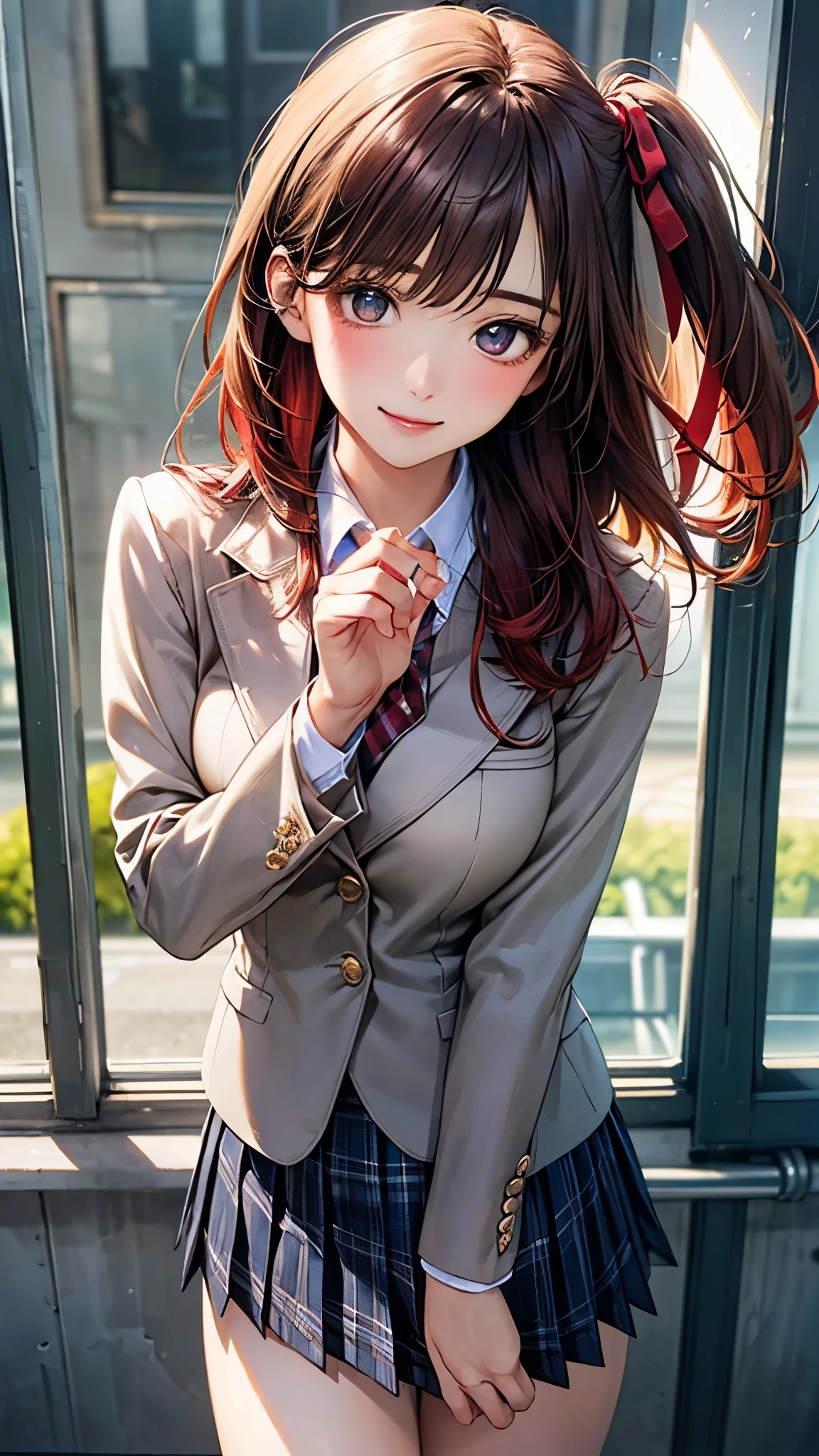 (masterpiece:1.2, top-quality), (realistic, photorealistic:1.4), beautiful illustration, (natural side lighting, movie lighting),
looking at viewer, cowboy shot, front view, 1 girl, japanese, high school girl, perfect face, cute and symmetrical face, shiny skin,
(middle hair:1.2, ((two side up:1.2)), brown hair), gold eyes, (large breasts:0.6, seductive thighs),
beautiful hair, beautiful face, beautiful detailed eyes, beautiful clavicle, beautiful body, beautiful chest, beautiful thigh, beautiful legs, beautiful fingers,
(((navy blazer, close blazer), white blouse shirt, light blue plaid pleated skirt, red ribbon tie), red hair ribbon),
(beautiful scenery), evening, riverside, walking, (lovely smile, upper eyes),