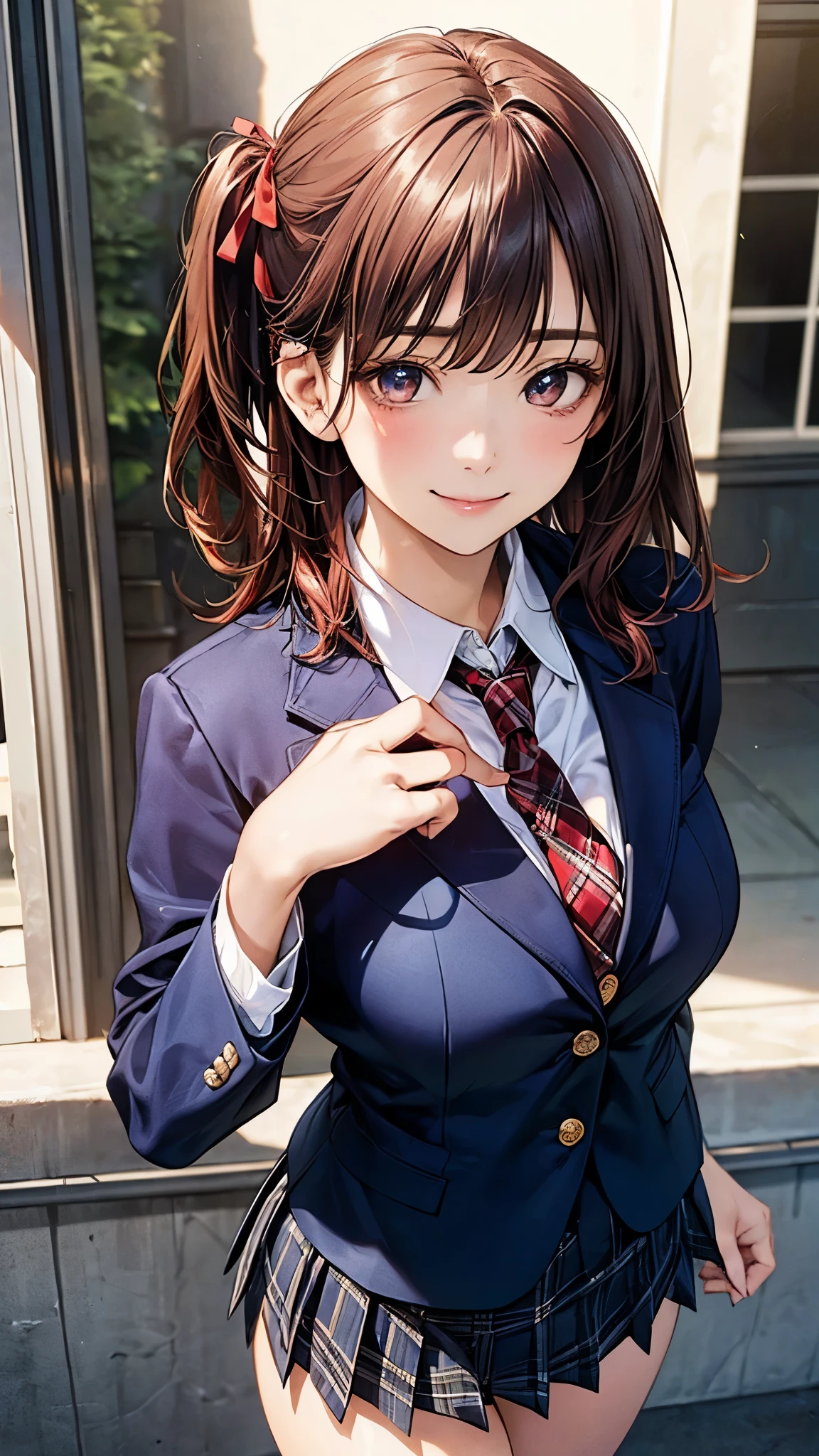(masterpiece:1.2, top-quality), (realistic, photorealistic:1.4), beautiful illustration, (natural side lighting, movie lighting), 
looking at viewer, cowboy shot, front view, 1 girl, japanese, high school girl, perfect face, cute and symmetrical face, shiny skin, 
(middle hair:1.2, ((two side up:1.2)), brown hair), gold eyes, (large breasts:0.6, seductive thighs), 
beautiful hair, beautiful face, beautiful detailed eyes, beautiful clavicle, beautiful body, beautiful chest, beautiful thigh, beautiful legs, beautiful fingers, 
(((navy blazer, close blazer), white blouse shirt, light blue plaid pleated skirt, red ribbon tie), red hair ribbon), 
(beautiful scenery), evening, riverside, walking, (lovely smile, upper eyes), 