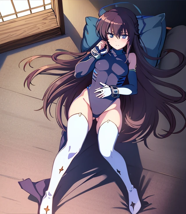 highest quality,sleep on your back in bed,Crab crotch,show me your boots,thigh high boots,leotardチラ見せ,glove,elegant, 1 girl, leotard,body suit,cute, blushed, looking at the viewer, from below, prison,blue eyes, beautiful eyes, beautiful background, particles of light, Light of the sun, dramatic lighting, outside, shiny, realistic, table top, highest quality, Super detailed, get used to it, scenery, beautiful and detailed eyes, thin hair,full body shot,