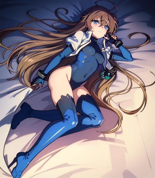 highest quality,sleep on your back in bed，Crab crotch，show me your boots，thigh high boots，leotardチラ見せ，glove，elegant, 1 girl, leotard，body suit，cute, blushed, looking at the viewer, from below, prison，blue eyes, beautiful eyes, beautiful background, particles of light, Light of the sun, dramatic lighting, outside, shiny, realistic, table top, highest quality, Super detailed, get used to it, scenery, beautiful and detailed eyes, thin hair，full body shot，