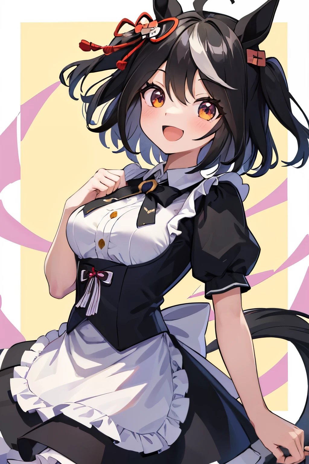 ((masterpiece,highest quality)), disorganized, Kitasan_black_umamusume,   animal ears, short hair, striped hair, hair ornaments, medium breasts, horse tail, wearing a maid outfit,  alone, Smile with open mouth, looking at the viewer, cowboy shot,