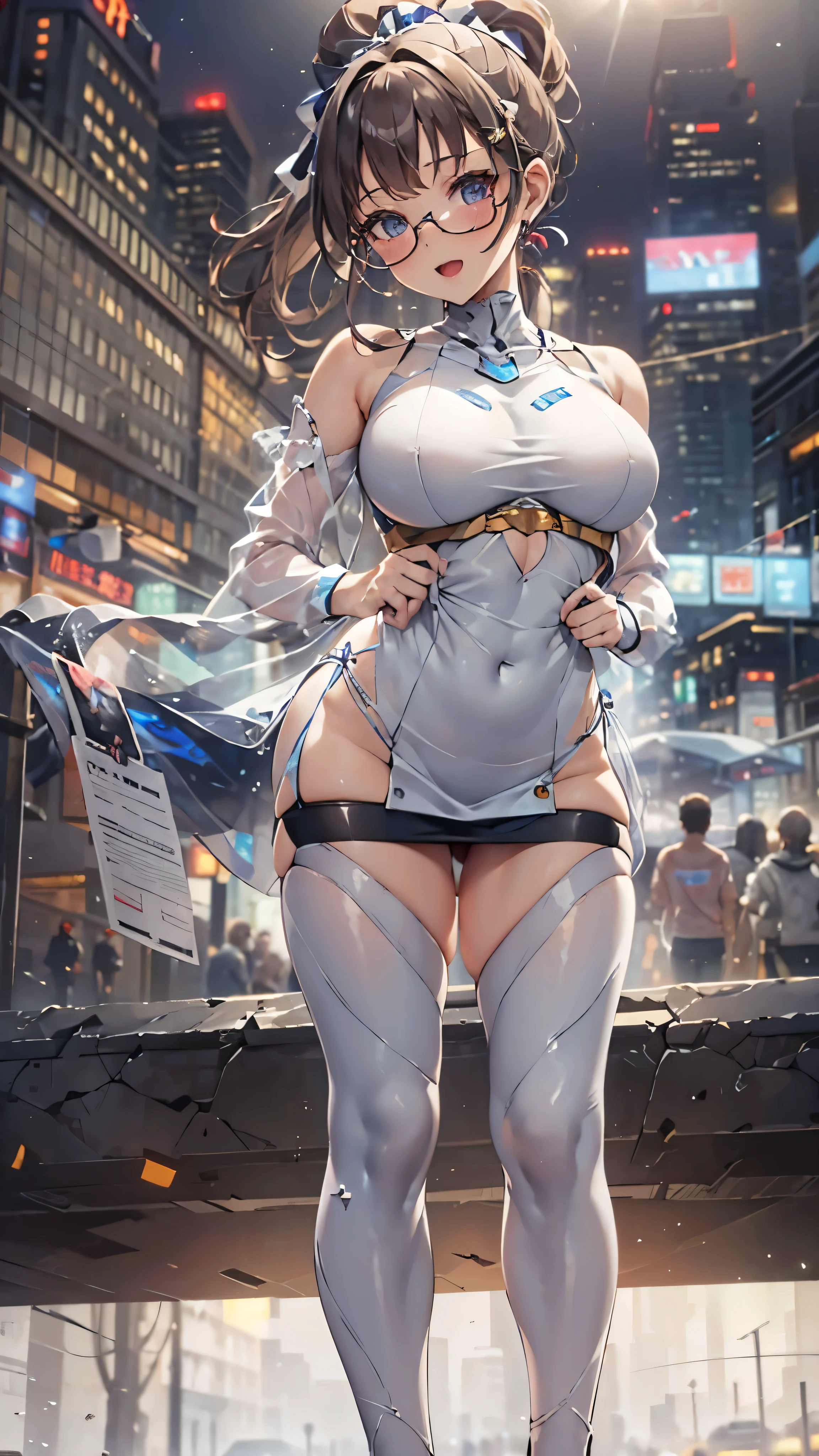 woman,************,,city,night,(((white tight miniskirt bodysuit))),,open mouth smile((See-through))Glasses,((Beautiful long ponytail)),((baby girl body shape))