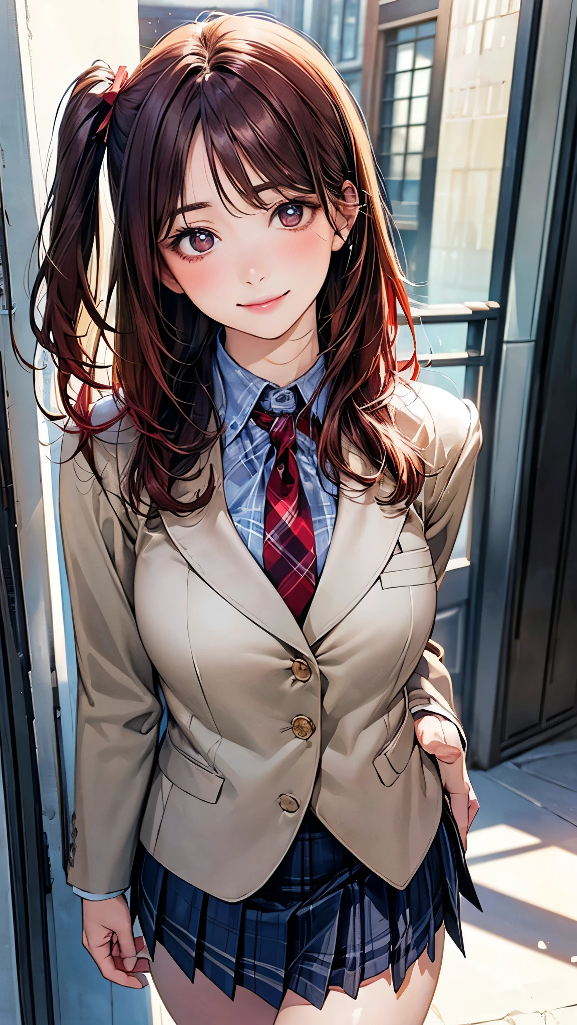 (masterpiece:1.2, top-quality), (realistic, photorealistic:1.4), beautiful illustration, (natural side lighting, movie lighting),
looking at viewer, cowboy shot, front view, 1 girl, japanese, high school girl, perfect face, cute and symmetrical face, shiny skin,
(middle hair:1.2, ((two side up:1.2)), brown hair), gold eyes, (large breasts:0.6, seductive thighs),
beautiful hair, beautiful face, beautiful detailed eyes, beautiful clavicle, beautiful body, beautiful chest, beautiful thigh, beautiful legs, beautiful fingers,
(((navy blazer, close blazer), white blouse shirt, light blue plaid pleated skirt, red ribbon tie), red hair ribbon),
(beautiful scenery), evening, riverside, walking, (lovely smile, upper eyes),