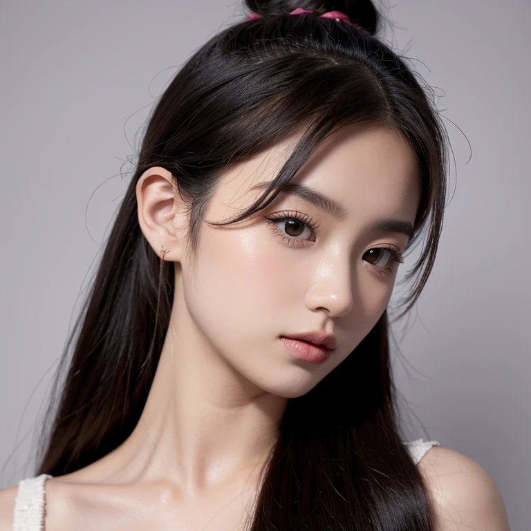 one Filipina model ,Unique hair details, Y2K virtual fashion, Near future, Curvilinear details , double eyelid, plump lips, overhead big pink moonlight