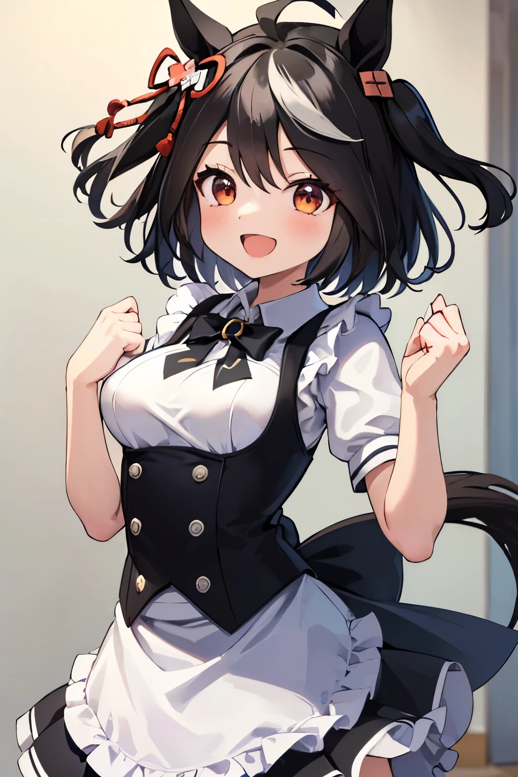 ((masterpiece,highest quality)), disorganized, Kitasan_black_umamusume,   animal ears, short hair, striped hair, hair ornaments, medium breasts, horse tail, wearing a maid outfit,  alone, Smile with open mouth, looking at the viewer, cowboy shot,