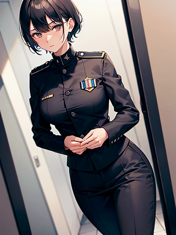 1 lady, prison guard, black uniform, looking down, dominately
