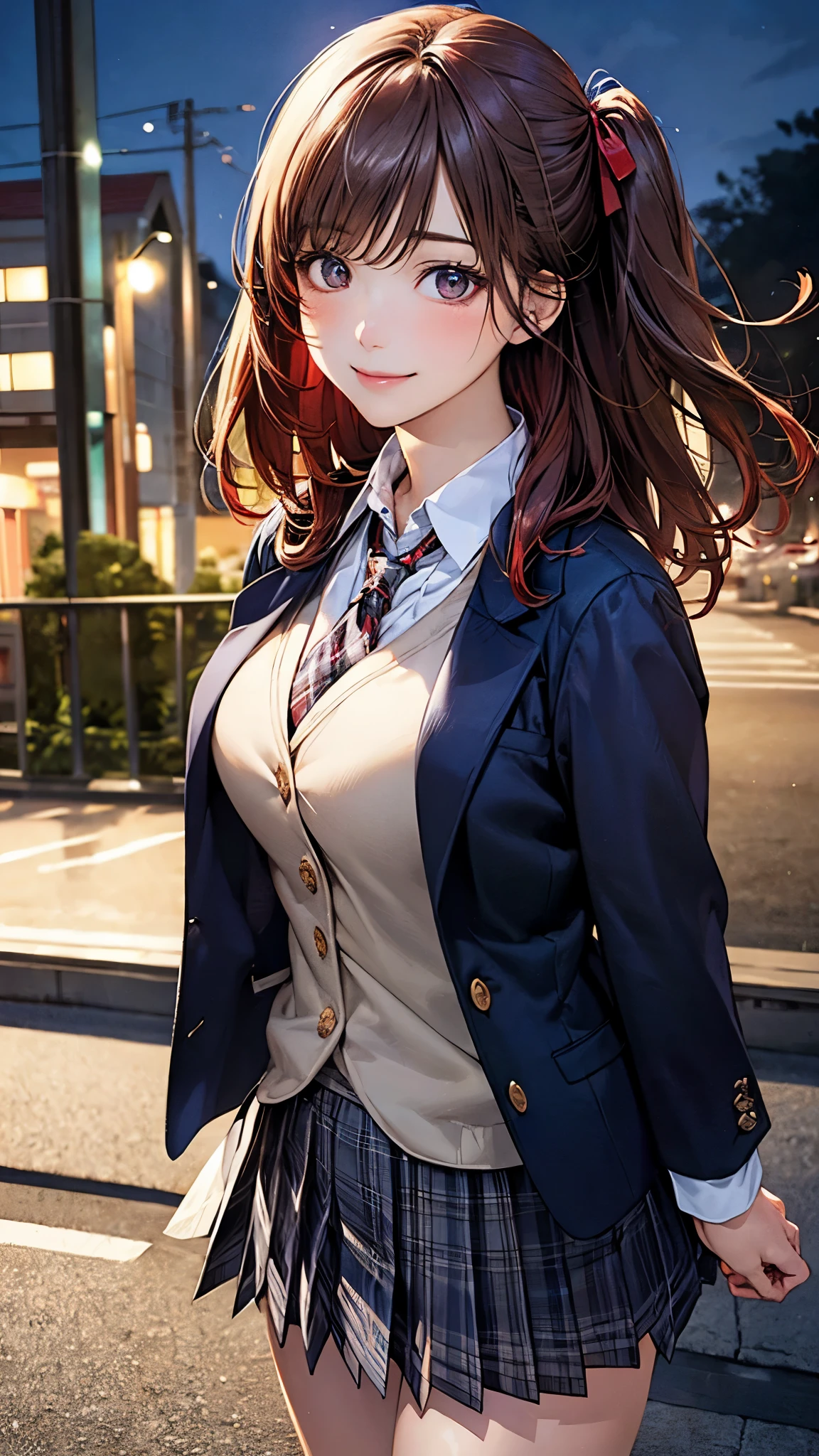 (masterpiece:1.2, top-quality), (realistic, photorealistic:1.4), beautiful illustration, (natural side lighting, movie lighting),
looking at viewer, cowboy shot, front view, 1 girl, japanese, high school girl, perfect face, cute and symmetrical face, shiny skin,
(middle hair:1.2, ((two side up:1.2)), brown hair), gold eyes, (large breasts:0.6, seductive thighs),
beautiful hair, beautiful face, beautiful detailed eyes, beautiful clavicle, beautiful body, beautiful chest, beautiful thigh, beautiful legs, beautiful fingers,
(((navy blazer, close blazer), white blouse shirt, light blue plaid pleated skirt, red ribbon tie), red hair ribbon),
(beautiful scenery), evening, riverside, walking, (lovely smile, upper eyes),