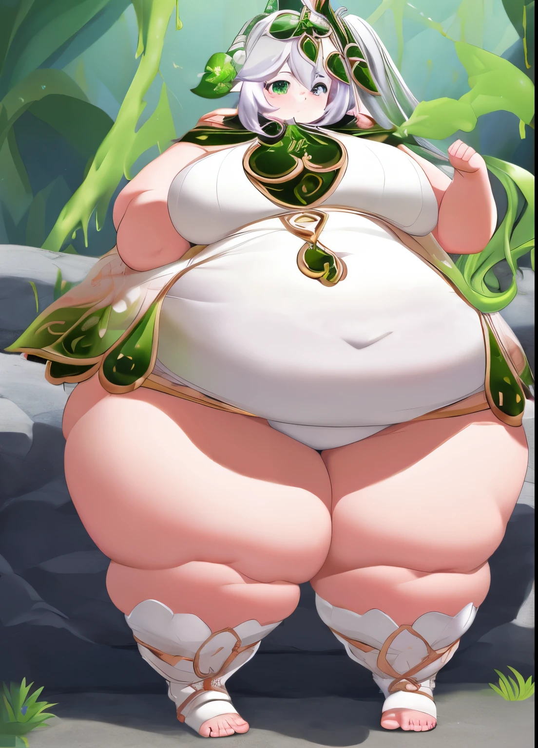 （masterpiece, highest quality, super detailed）Parasite、swallow、Slime,nahidaf,girl、 Detailed hands, Detailed Face, detailed feet, Detailed Eyes, 1girl, wide hips, thick thighs,極度のobesity, obesity, 太い脂肪の分厚い体格のgirl , Completely color-coded beauty