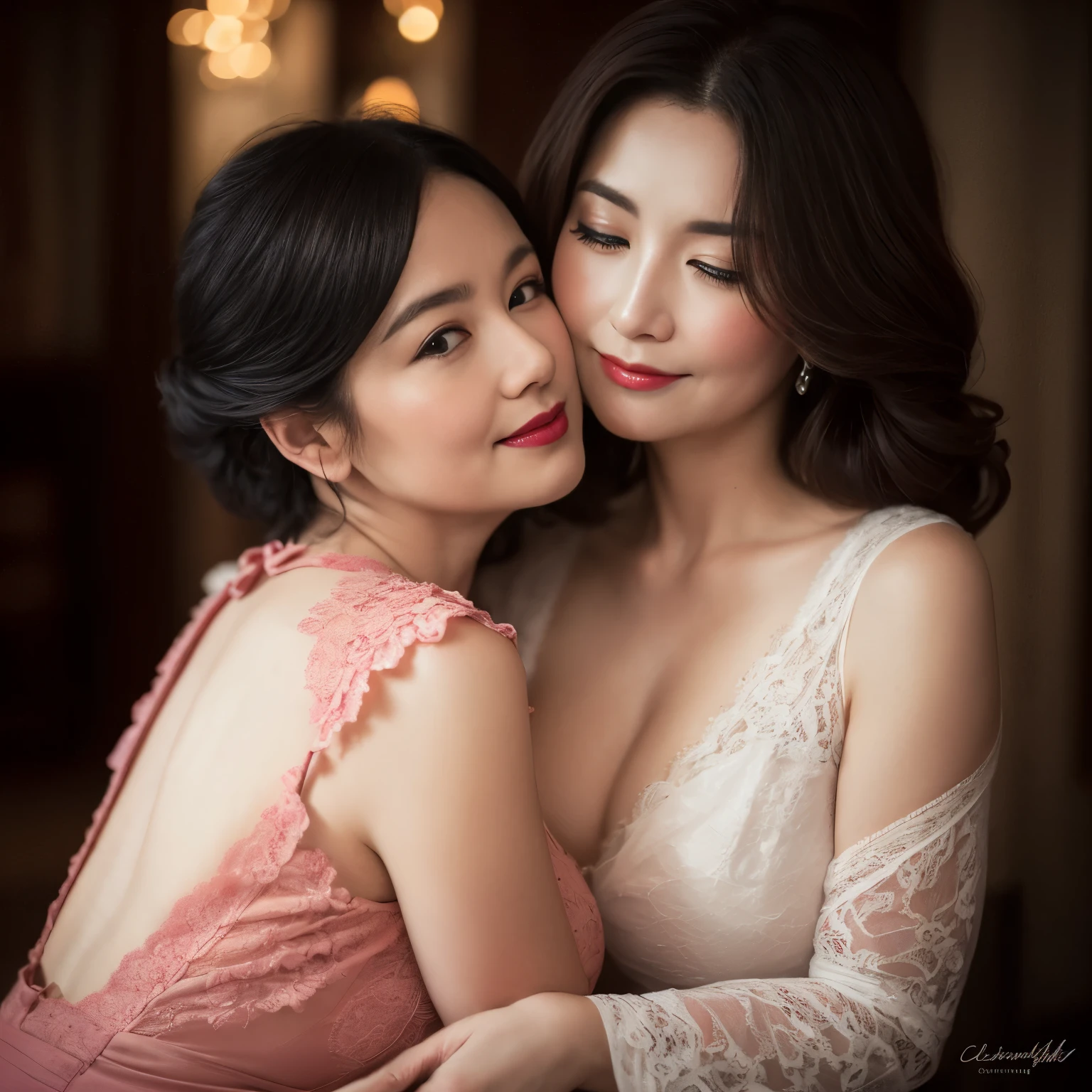 ((highest quality、8K resolution、master masterpiece、professional photography)), Photoreal, (Beautiful at 50 years old:1.3), (Wrinkled face:1.2)、(Elegant white and pink lace clothes:1.1)、wrinkles around the eyes,standing elegantly、(Plump and soft body、clavicle)、The most elegant and beautiful hairstyle、Romantic evening、(a sad smile looking at me:1.2)、large breasts of beautiful shape、Wawarashina's nice and beautiful cleavage、perfect makeupアップ,Dark red lipstick,perfect makeup,eye shadow、long eyelashes、romantic lighting、very moody and romantic、Portrait、(Fair skin with super high detail)、blurred background、premonition of love