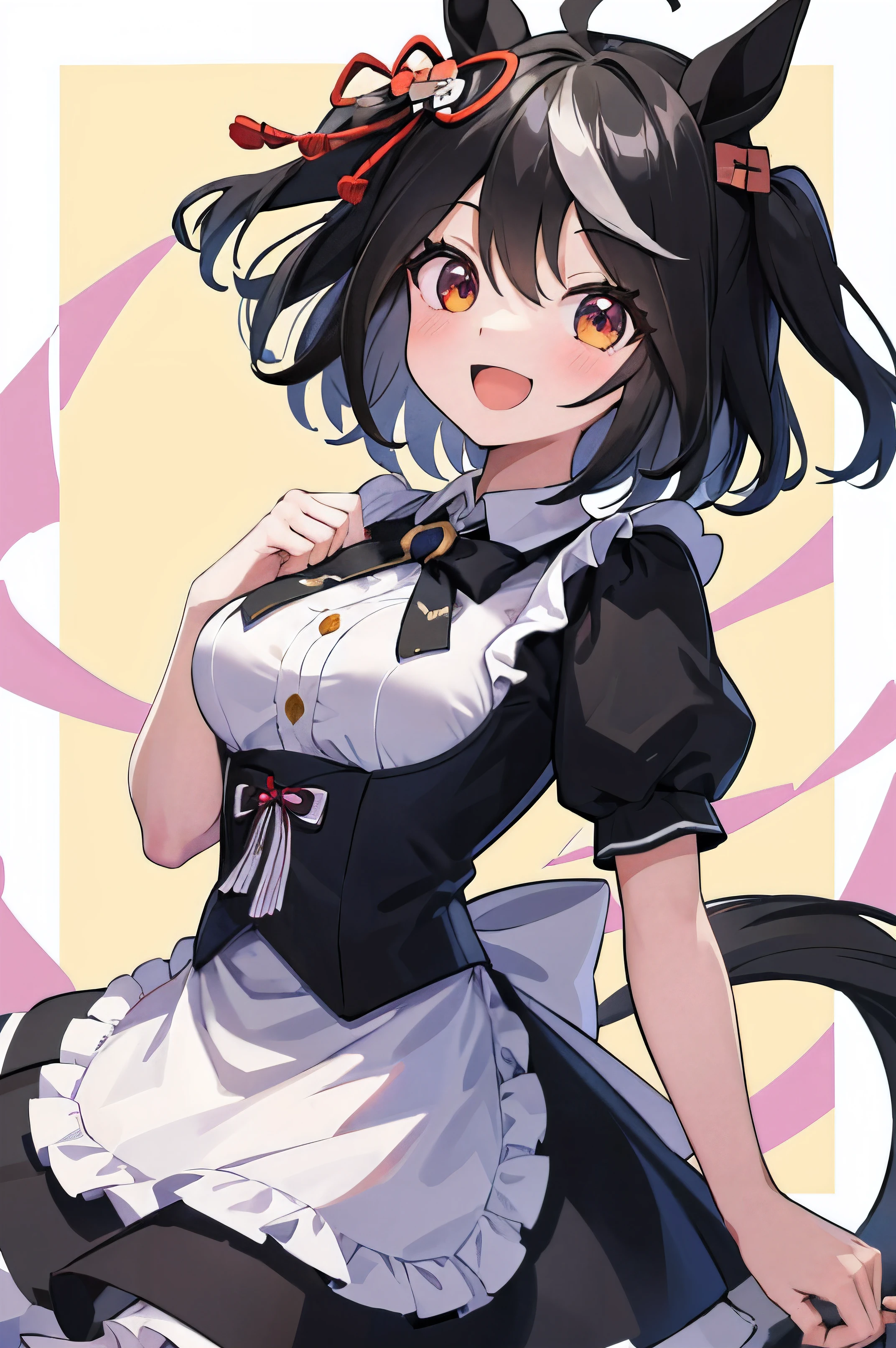 ((masterpiece,highest quality)), confused, Kitasan_black_umamusume,   animal ears, short hair, striped hair, hair ornaments, medium breasts, horse tail, wearing a maid outfit,  alone, smile with open mouth, looking at the viewer, cowboy shot,