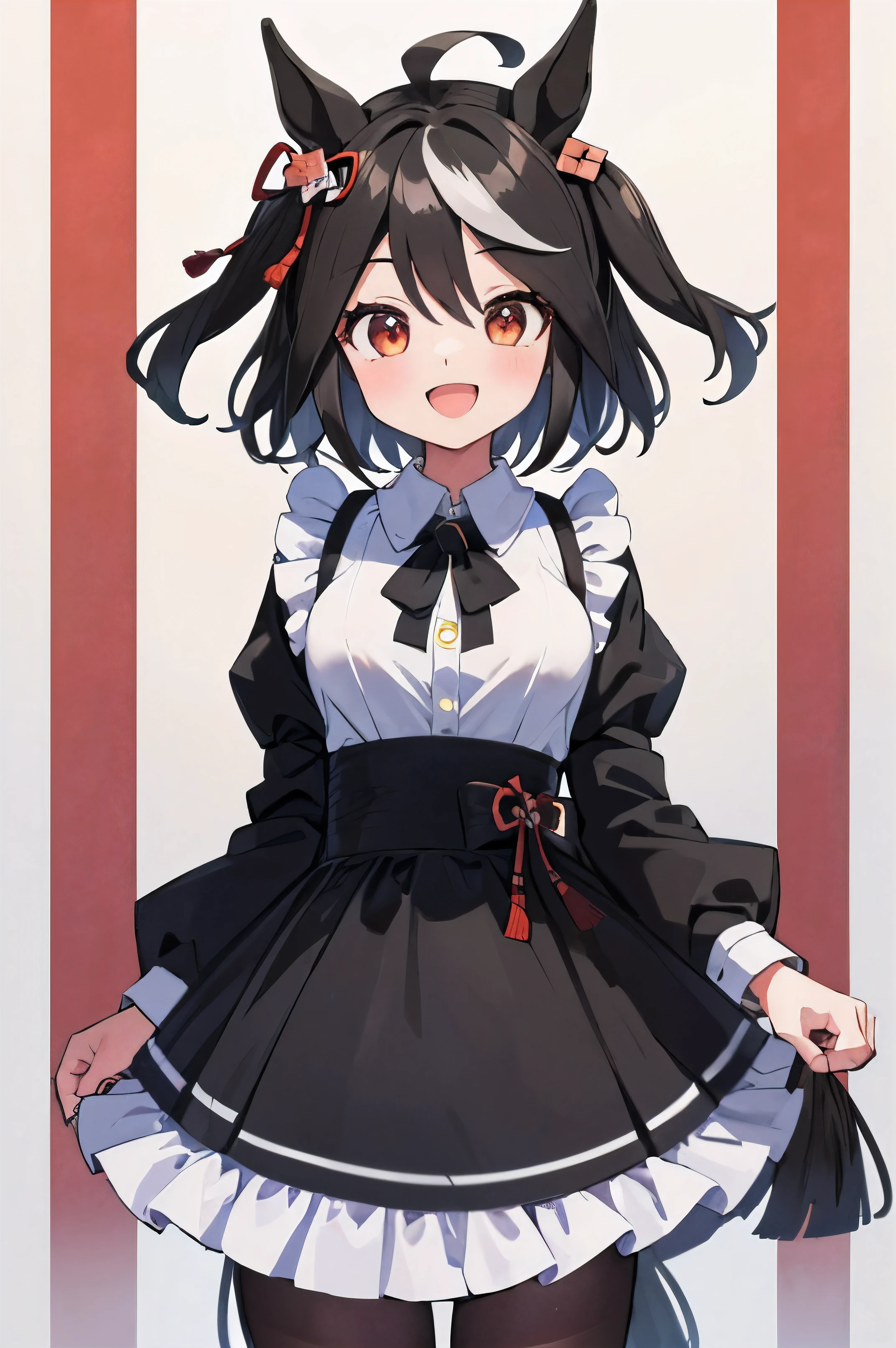 ((masterpiece,highest quality)), confused, Kitasan_black_umamusume,   animal ears, short hair, striped hair, hair ornaments, medium breasts, horse tail, wearing a maid outfit,  alone, smile with open mouth, looking at the viewer, cowboy shot,