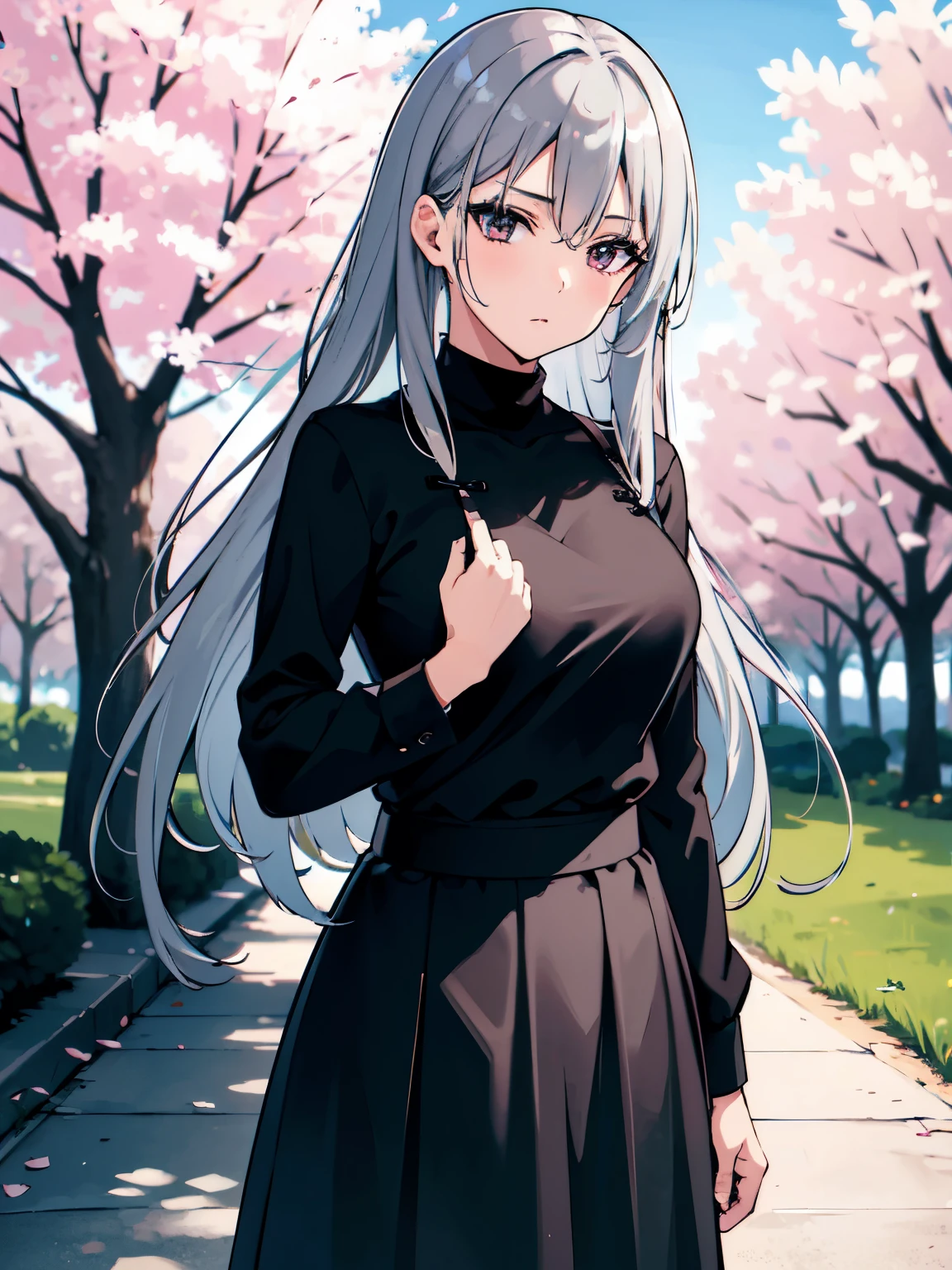 gray hair, long hair, wearing plain black shirt, long skirt, cherry blossom trees in background, absurdres, high res, ultrasharp, 8K, masterpiece, mature, detailed, sharp detailed black eyes, height = 165cm, medium breast 