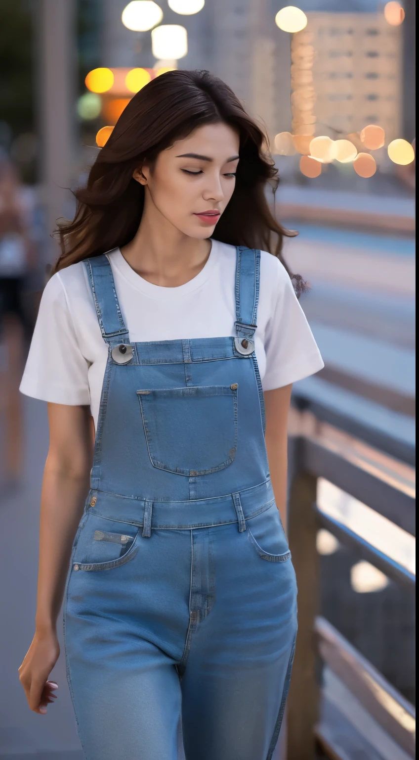 A girl dressed as Mario in red t shirt and jean overalls and solid background