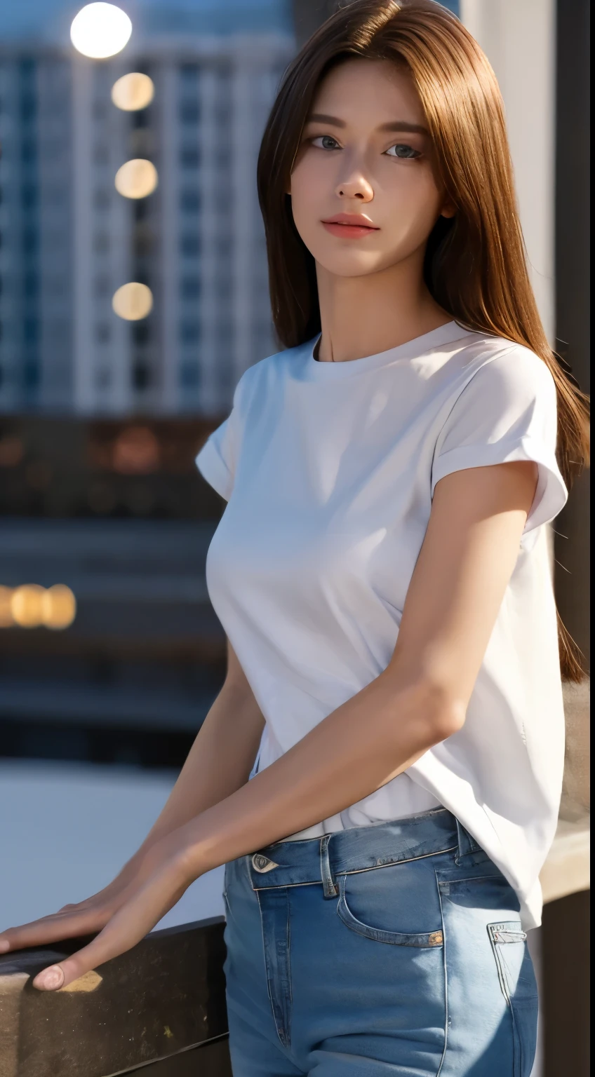 photo of 22 year old beautiful Spanish woman wearing casual white Teeshirt, round neck plain Tee-shirt full length, with a and leggings, perfact body perfect breast, black hair's, standing in front of a city skyline at sunrise, messy medium hair, slim perfect body, medium upper body shot, looking at the camera, short smile, shallow depth of field, 8k uhd, dslr, soft lighting, high quality, photorealistic, realism, hyperrealism, art photography
