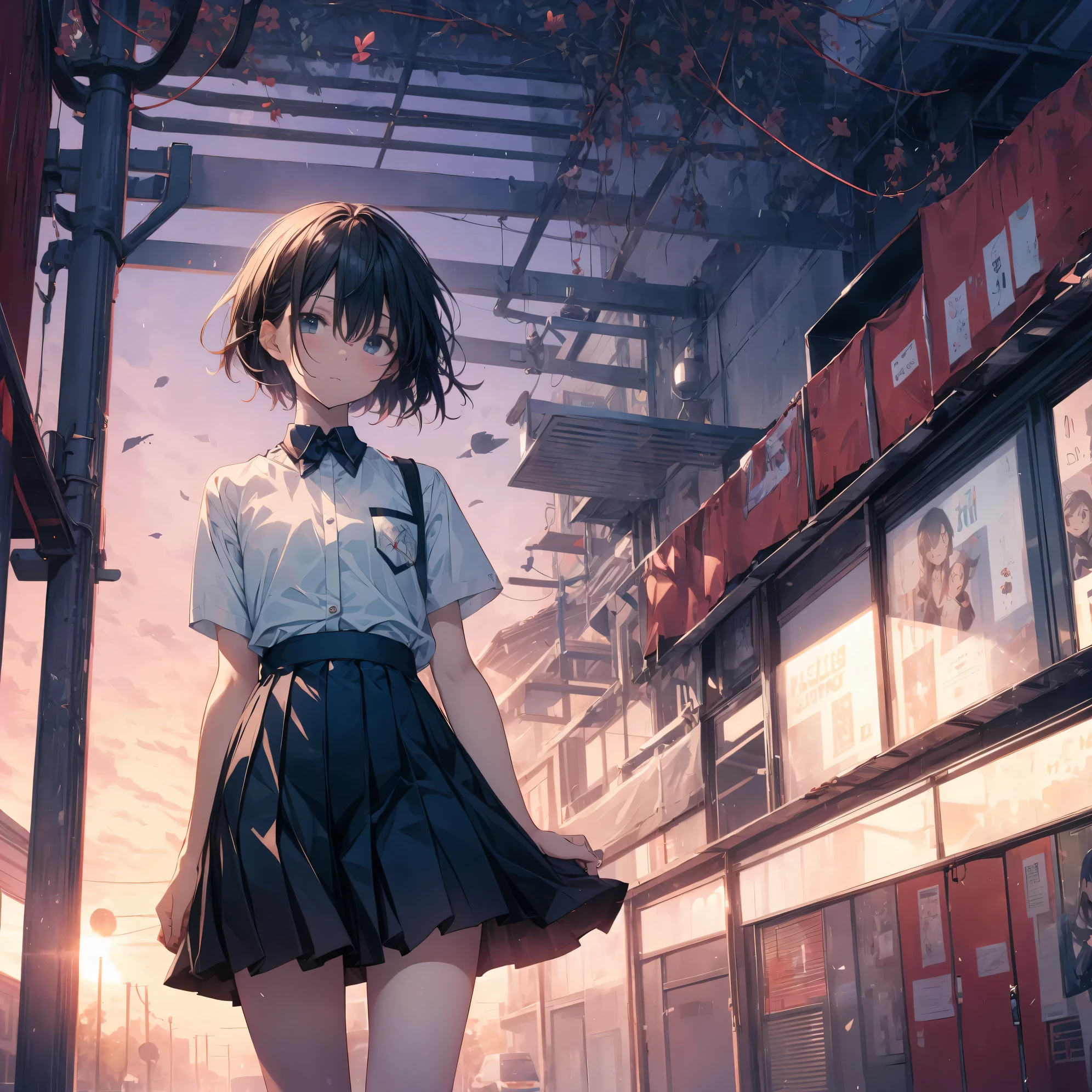 Super high quality by the art god, super detailed, High resolution,Kyoto animation style, anime moe art style, best anime 8K konachan wallpaper, pixiv contest winner, perfect anatomy, break,(眠そうにalone学校へ行く女の子を描いてください. ),break, surreal high school girl, (alone,lolita,:1.3),All limbs, full finger,, androgynous charm, (very short hair), messy hair, flat chest, small ass, between legs, Small black eyes,beautiful and fine eyes, Well-proportioned iris and pupils, disgusted eyes, High resolutionの詳細な髪, wearing , (skirt), On the way to school. break,super dense skin, Best lighting by famous artists, 8K, figure,