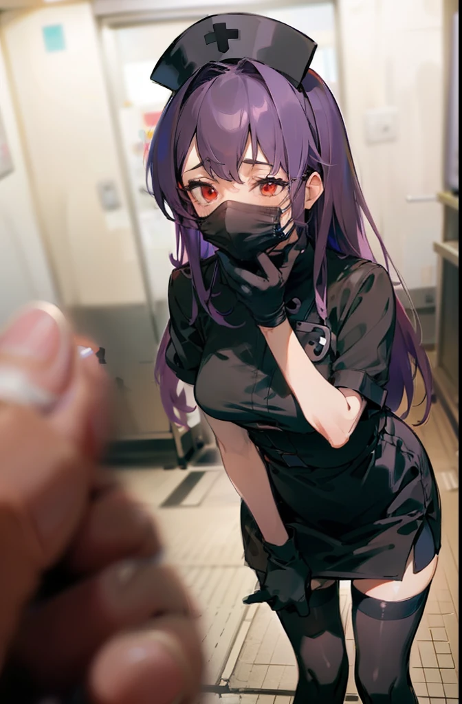 black nurse, 1 female, black nurse cap, Black Wear, ((black legwear, zettai ryouiki)), black elbow gloves, long hair, purple hair, red eyes, ((Black surgical mask, Covered nose)), Are standing, ((operating room)), sharp outline, short sleeve, mature woman, 35 years old, highest quality, masterpiece