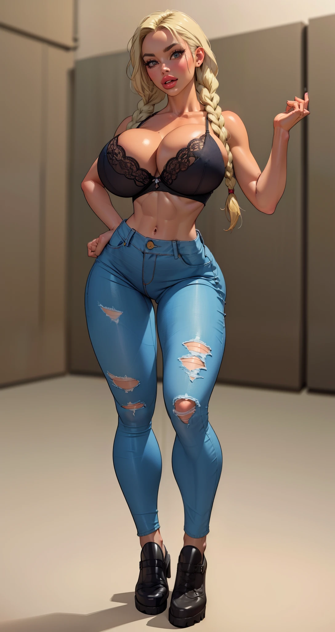 ((full body view)) seductive ((twin braids)) wearing (tight distressed jeans:1.4)(perfect face), detailed face, (symmetrical eyes), perfect nose, (wears red tube bra), (large  breasts) (blonde hair) ; 