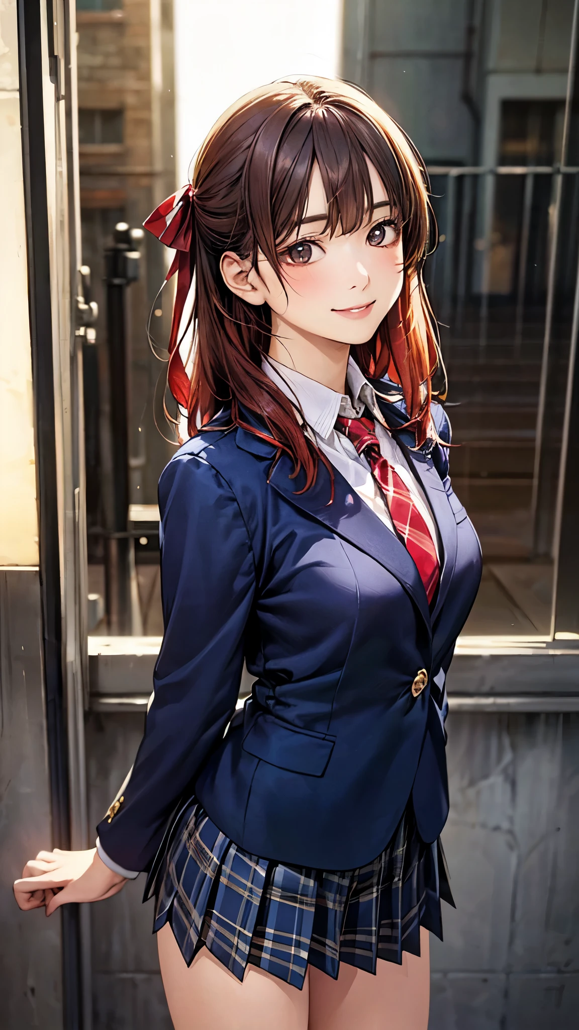 (masterpiece:1.2, top-quality), (realistic, photorealistic:1.4), beautiful illustration, (natural side lighting, movie lighting),
looking at viewer, cowboy shot, front view, 1 girl, japanese, high school girl, perfect face, cute and symmetrical face, shiny skin,
(middle hair:1.2, ((two side up:1.2)), brown hair), gold eyes, (large breasts:0.6, seductive thighs),
beautiful hair, beautiful face, beautiful detailed eyes, beautiful clavicle, beautiful body, beautiful chest, beautiful thigh, beautiful legs, beautiful fingers,
(((navy blazer, close blazer), white blouse shirt, light blue plaid pleated skirt, red ribbon tie), red hair ribbon),
(beautiful scenery), evening, riverside, walking, (lovely smile, upper eyes),