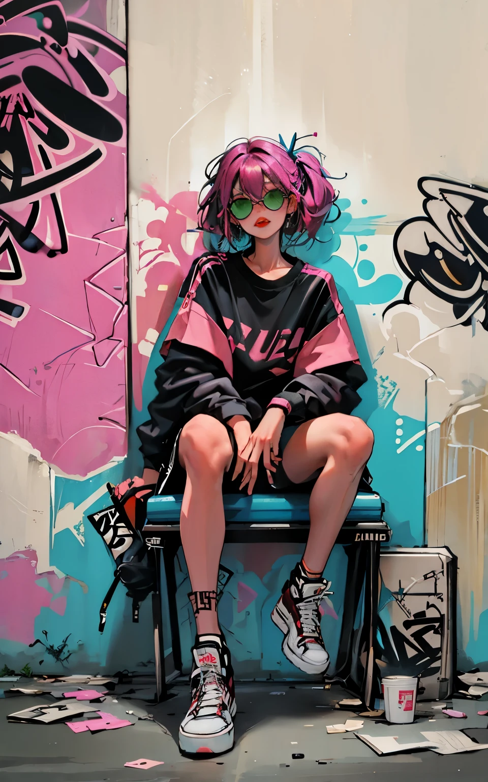 High resolution, (The finest details) (highest quality), Alfie woman wearing sunglasses sitting on sofa chair, (((Graffiti art))), (((Trigger Studio style, Graffiti art, Rock punk, Neon color))), Carne Griffith
