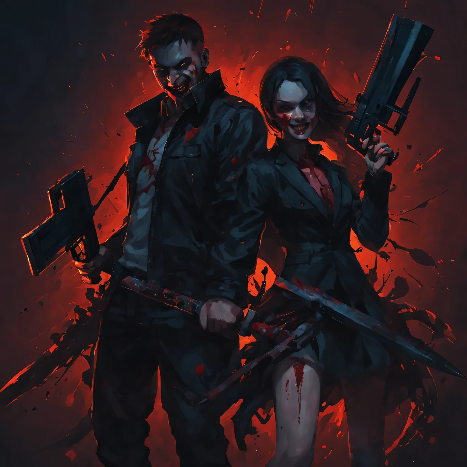 A pair of brother and sister killers,Abstract style:1.1, dark background,sharp focus,visceral violence,bright colors,high resolution,studio lighting,extremely detailed description,Physically based rendering,fear,Red accent,ominous lighting,A threatening expression,Sinister atmosphere,Powerful and detailed weapon, blood spatter,evil smile,shocking existence,dramatic shadows.