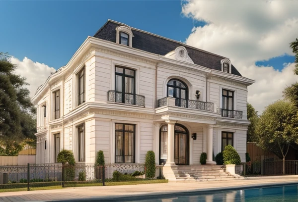 Garden villa, with swimming pool, garden in neoclassical styleClassical style, masterpiece, surreal, rendered by Vray 2023, Vantage, rendered 8k, 16k, ultra HD, iron patterned railings, doors and Wooden windows, Natural light, cloudy, daylight, fence around the house, 8K
