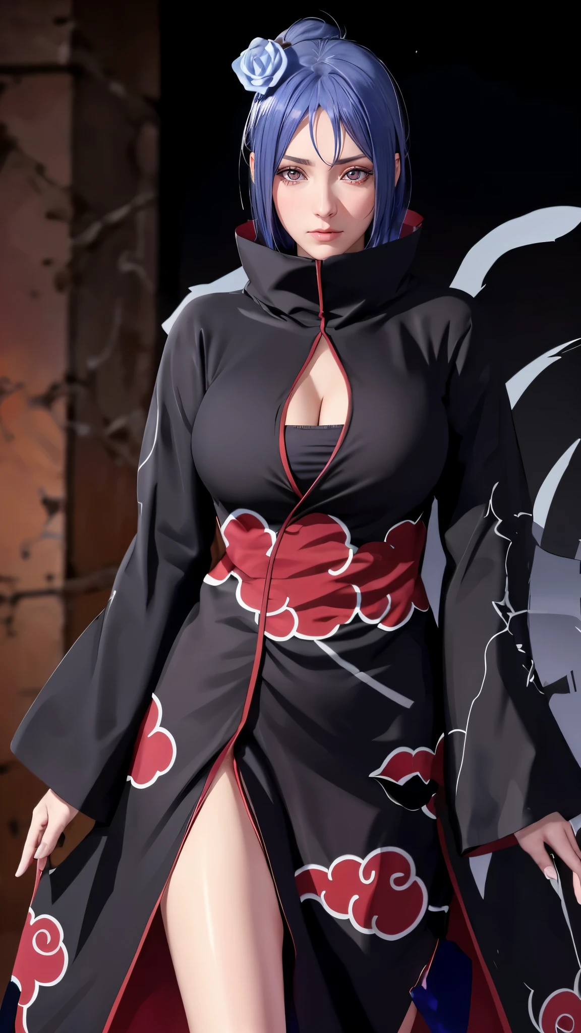 （（（akatsuki outfit，Xiao clothing, ninja, black cloak,black coat, （（（danya，konan \(naruto\),konan, blue hair, Orange pupils, short hair, hair ornament, flower, hair flower, ））），（（（wide hips））），S-shaped body:1.7））），((masterpiece)),high resolution, ((Best quality at best))，masterpiece，quality，Best quality，（（（ Exquisite facial features，looking at the audience,There is light in the eyes，shy，blush，pain，endure ））），（（（Light and shadow interlace，super gigantic ，cleavage））），（（（looking into camera，from below，look up，低头looking into camera，white paper airplane，white paper，Hands hidden in sleeves）））