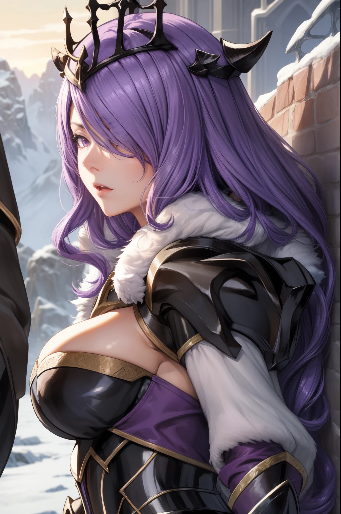 masterpiece, best quality, brvCamilla, crown, cape, armor, gloves, fur trim, upper body, huge breasts, looking at viewer, mountain, rock formations, night, serious expression, from side 