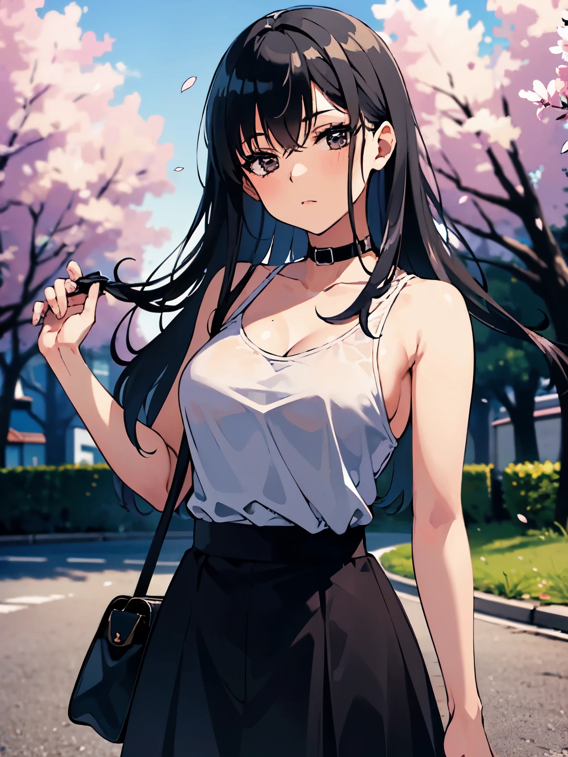 gray hair, long hair, wearing plain black shirt, long skirt, cherry blossom trees in background, absurdres, high res, ultrasharp, 8K, masterpiece, mature, detailed, sharp detailed black eyes, height = 165cm, medium breast 