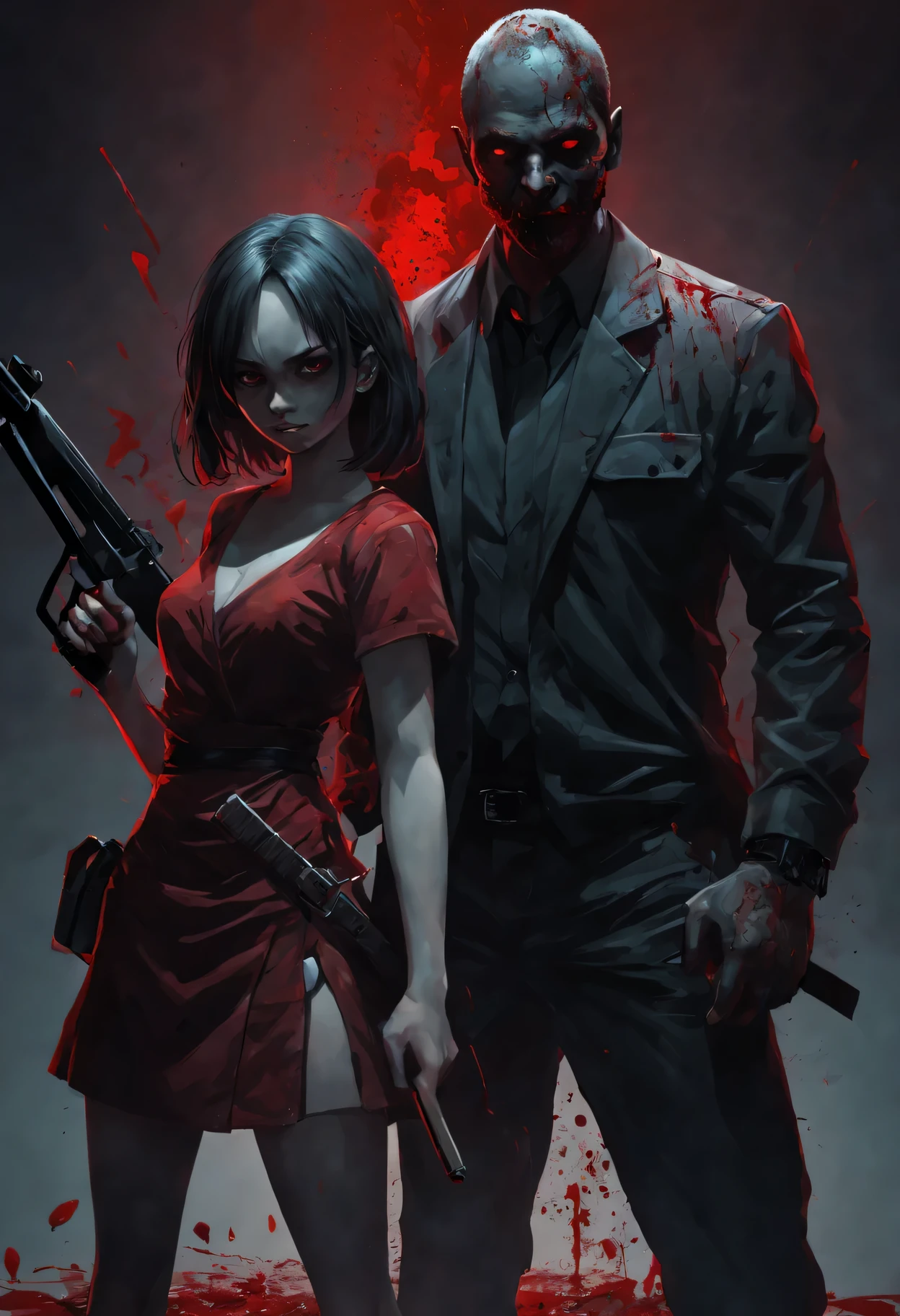 A pair of brother and sister killers,Abstract style:1.1, dark background,sharp focus,visceral violence,bright colors,high resolution,studio lighting,extremely detailed description,Physically based rendering,fear,Red accent,ominous lighting,A threatening expression,Sinister atmosphere,Powerful and detailed weapon, blood spatter,evil smile,shocking existence,dramatic shadows.
