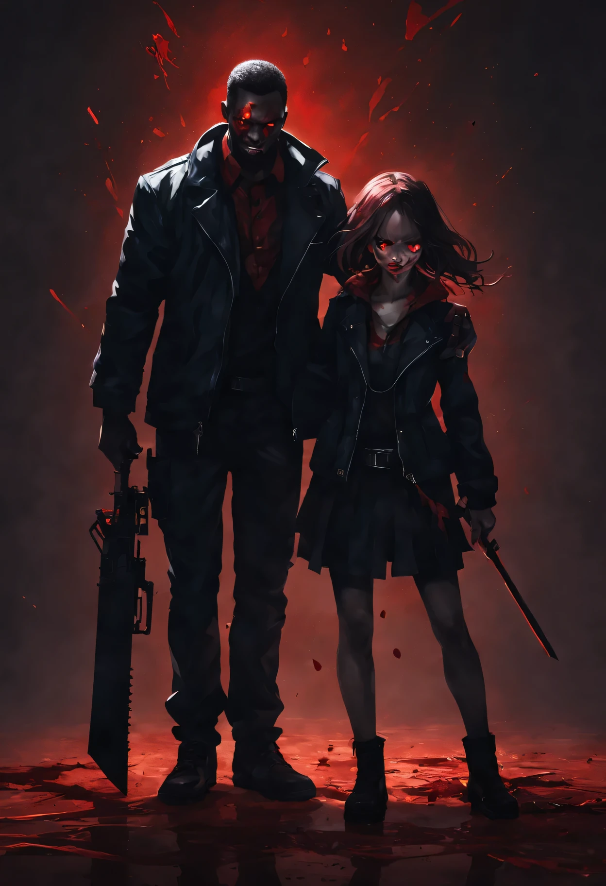 A pair of brother and sister killers,Abstract style:1.1, dark background,sharp focus,visceral violence,bright colors,high resolution,studio lighting,extremely detailed description,Physically based rendering,fear,Red accent,ominous lighting,A threatening expression,Sinister atmosphere,Powerful and detailed weapon, blood spatter,evil smile,shocking existence,dramatic shadows.