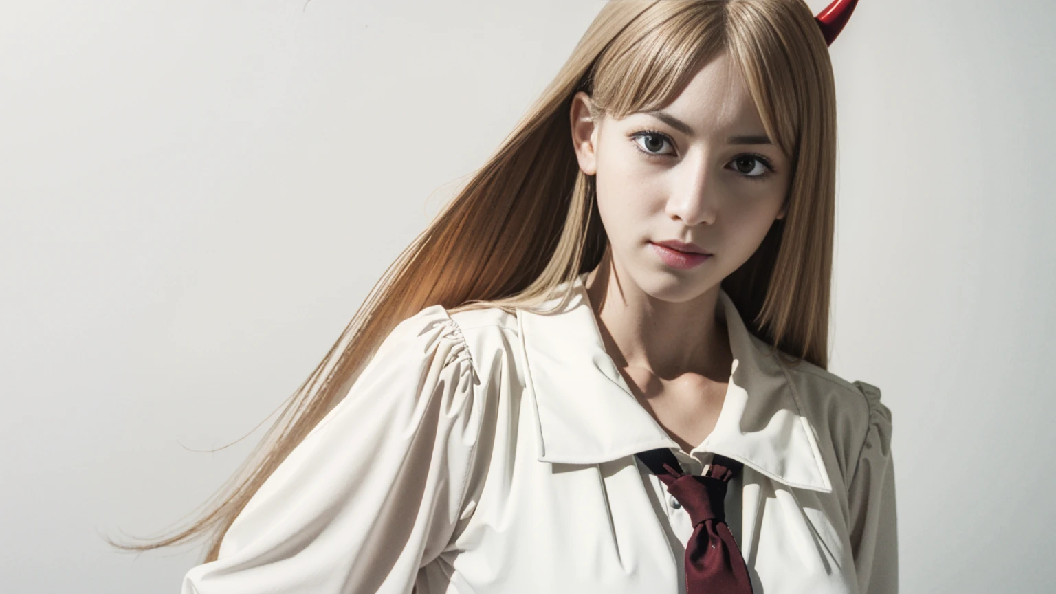 (masterpiece:1.2, best quality:1.2, beautiful, high quality, highres:1.1), detailed, extremely detailed, 4K, sketch by NTY, 1girl, female, solo, (monochrome), looking at viewer, simple background, ((upper-body)),power,(chansaw man)long hair, blonde hair, red eyes, scar on face, ringed eyes,red horn  (white clothes,tie ), solo, white background, simple background,