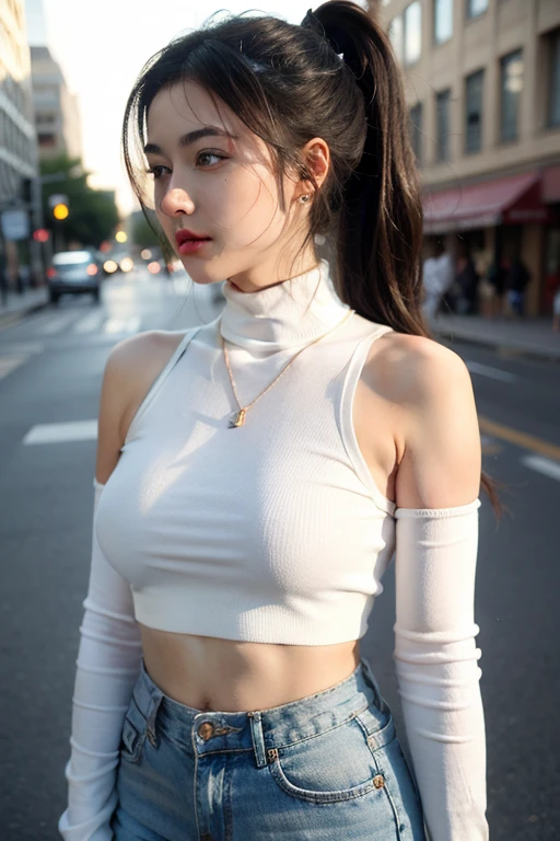 Beautiful girl high school student,masterpiece,light makeup,red lips,blonde,ponytail,street background,beautiful,grace。super fine details,work,authentic texture,Realistic movie lighting,完美的work,8K,HD,exquisite features,White Skinny Turtleneck Top,White Skinny Shorts,Chubby body type,big and bright eyes,earrings,necklace