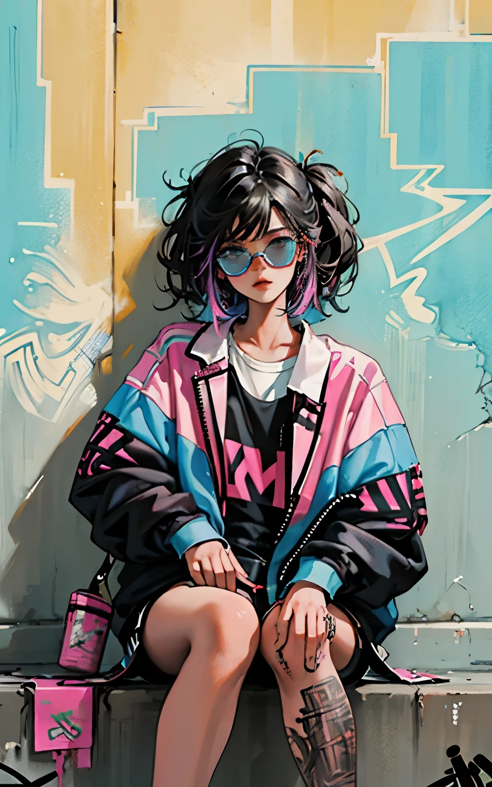 HD, (Best Detail) (Best Quality), Aalfi woman in sunglasses sitting in chair on sofa, (((Graffiti art))), (((Trigger studio style, graffiti art, rock punk, neon colors))), Carne Griffiths
