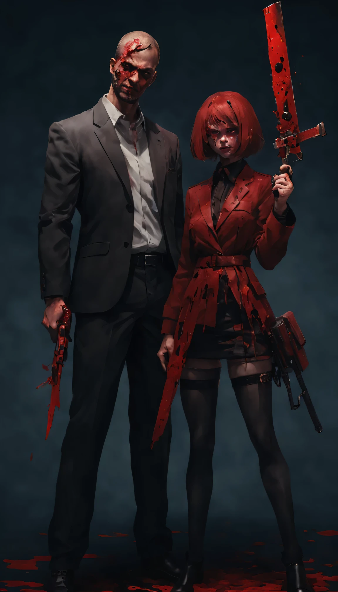 A pair of brother and sister killers,Abstract style:1.1, dark background,sharp focus,visceral violence,bright colors,high resolution,studio lighting,extremely detailed description,Physically based rendering,fear,Red accent,ominous lighting,A threatening expression,Sinister atmosphere,Powerful and detailed weapon, blood spatter,evil smile,shocking existence,dramatic shadows.