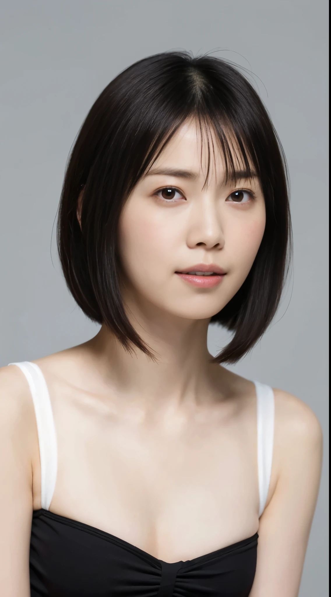 Japanese, Women of short stature,  physique, Medium build, medium height, slightly plump, Short arms, single eyelid, long slit eyes, Ephemeral atmosphere, 30-year-old girl, black bob hair, ((thin lips)), white top and bottom underwear, muste piece, best quality, detailed skin, detailed eyes, ,8K, good anatomy, upper body portrait