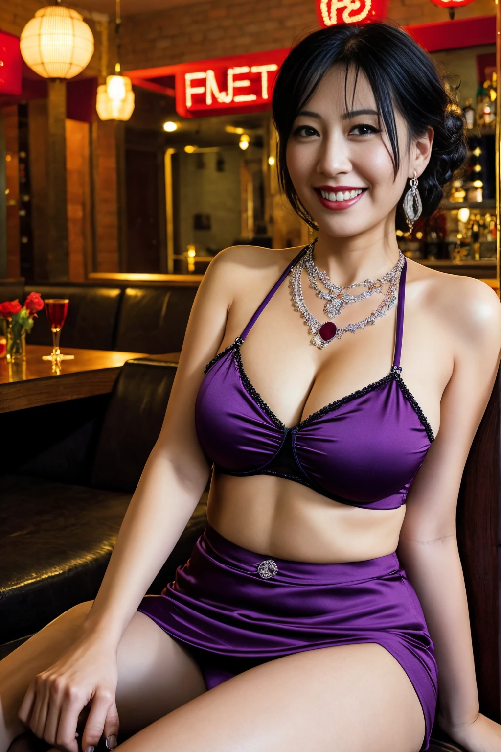 hyper detailed, absurdres, bar, old woman, (((soro))), delightful, smiling, (cross-legged), sitting, (super large breasts: 1.32), looking at viewer, looking ahead, half updo, black hair, fair skin, wrinkles skin, detailed skin, detailed face, plump, glamorous, beautiful breasts, beautiful ass, purple tube top, dress, off shoulder, mini skirt, underwear, piercing, necklace, high heels, beauty mark, nail polish, chubby, delicate facial features, senior citizen, japanese, Scene of Pleasure, inside, in the bar, with a sofa, with a table, at night, ultra realistic photo, 2000s, nsfw, full body shot, wide shot, from front, extreme wide shot, cowboy shot