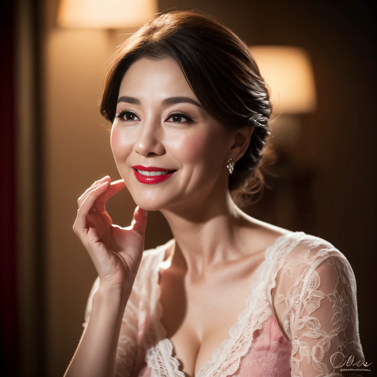 ((highest quality、8K resolution、master masterpiece、professional photography)), Photoreal, (Beautiful at 50 years old:1.3), (wrinkled face:1.2)、(1 female:1.2)、(elegant pink lace clothing:1.1)、wrinkles around the eyes,stand gracefully、(plump and soft body、clavicle)、the most elegant and beautiful hairstyles、Romantic evening、(A sad smile staring at me:1.2)、Beautifully shaped big breasts、soft and beautiful cleavage、perfect makeupアップ,Dark red lipstick,perfect makeup,eye shadow、long eyelashes、luxurious and romantic lighting、very moody and romantic、low contrast、gorgeous portrait photography、(Ultra high definition white skin)、blurred background、Feeling of love