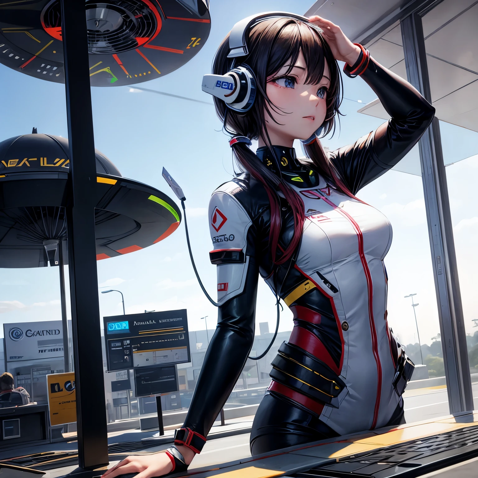 r_ap82_, (Overhead view) Full body shoot,ultra-detailed, illustration, close-up, straight on, 1girl, ((interface headset, red bodysuit:1.4, black hair, short hair)),Her eyes shone like dreamy stars,(glowing eyes:1.233),(beautiful and detailed eyes:1.1),(expressionless,closed mouth),(standing), (mechanic room with toolsand spaceship windowin a white SPACESHIP), (night:1.2),dreamy, [[delicate fingers and hands:0.55]::0.85],(detail fingers),