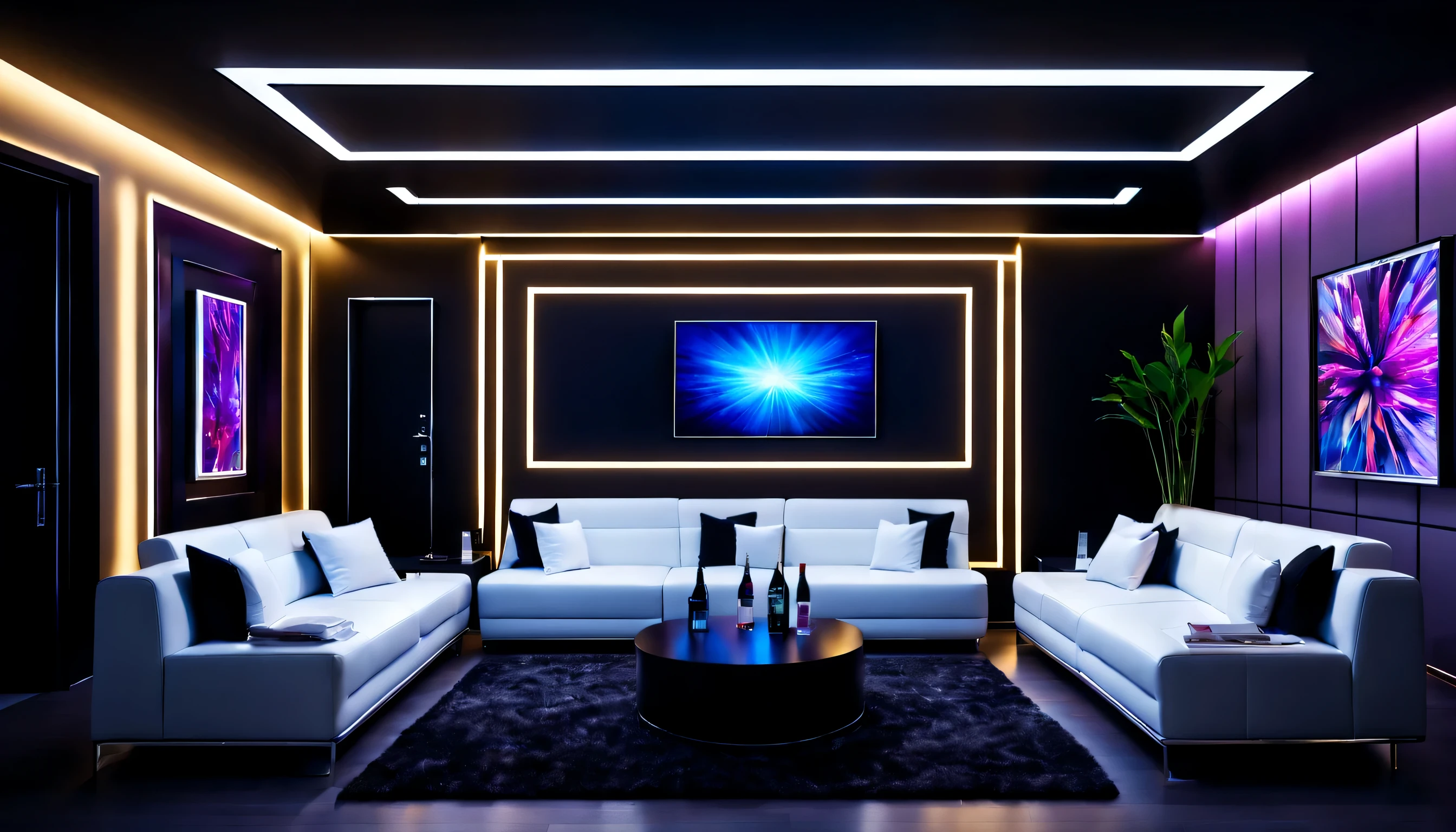 Modern design style and technology, With LED strip, VIP room in nightclub, front, luxurious interior