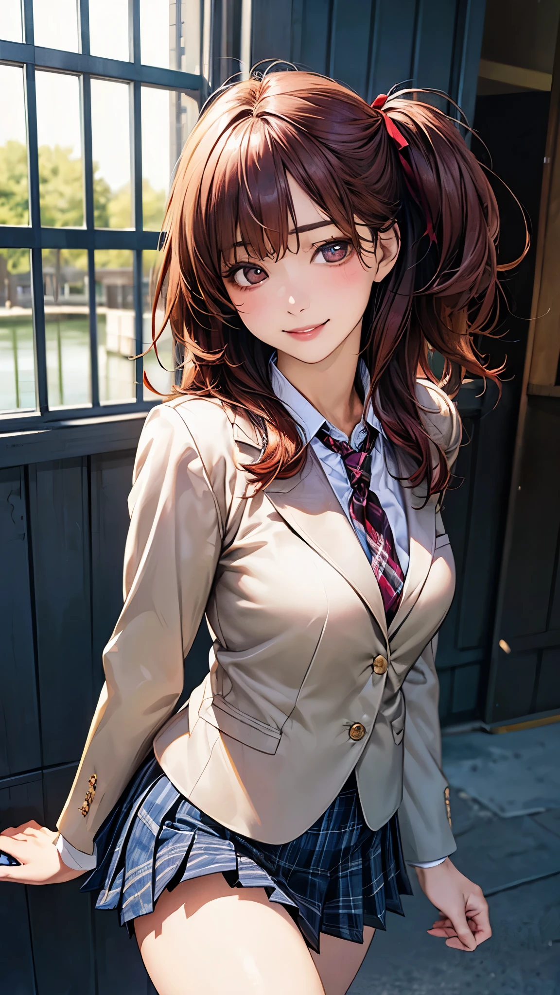 (masterpiece:1.2, top-quality), (realistic, photorealistic:1.4), beautiful illustration, (natural side lighting, movie lighting),
looking at viewer, cowboy shot, front view, 1 girl, japanese, high school girl, perfect face, cute and symmetrical face, shiny skin,
(middle hair:1.2, ((two side up:1.2)), brown hair), gold eyes, (large breasts:0.6, seductive thighs),
beautiful hair, beautiful face, beautiful detailed eyes, beautiful clavicle, beautiful body, beautiful chest, beautiful thigh, beautiful legs, beautiful fingers,
(((navy blazer, close blazer), white blouse shirt, light blue plaid pleated skirt, red ribbon tie), red hair ribbon),
(beautiful scenery), evening, riverside, walking, (lovely smile, upper eyes),
