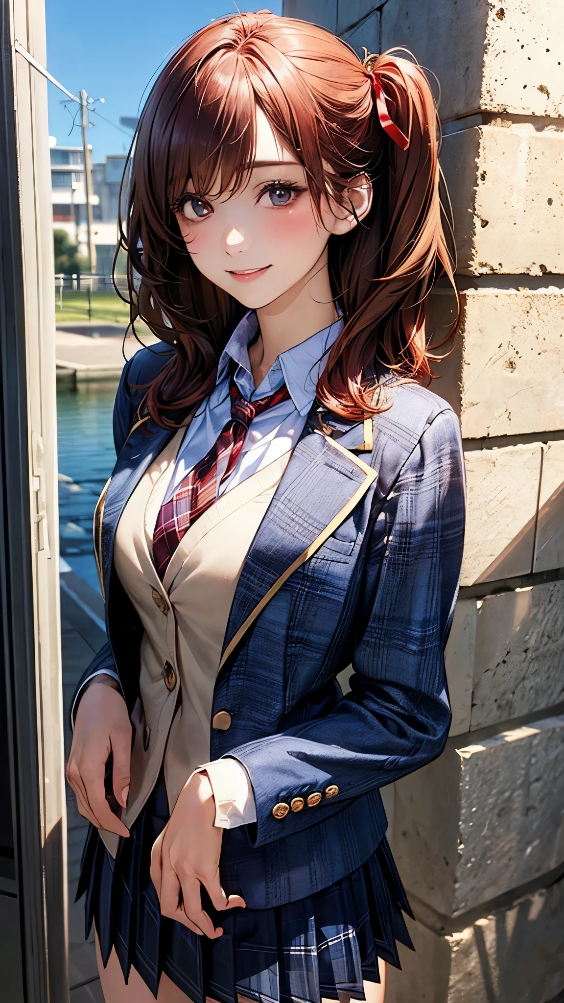 (masterpiece:1.2, top-quality), (realistic, photorealistic:1.4), beautiful illustration, (natural side lighting, movie lighting),
looking at viewer, cowboy shot, front view, 1 girl, japanese, high school girl, perfect face, cute and symmetrical face, shiny skin,
(middle hair:1.2, ((two side up:1.2)), brown hair), gold eyes, (large breasts:0.6, seductive thighs),
beautiful hair, beautiful face, beautiful detailed eyes, beautiful clavicle, beautiful body, beautiful chest, beautiful thigh, beautiful legs, beautiful fingers,
(((navy blazer, close blazer), white blouse shirt, light blue plaid pleated skirt, red ribbon tie), red hair ribbon),
(beautiful scenery), evening, riverside, walking, (lovely smile, upper eyes),
