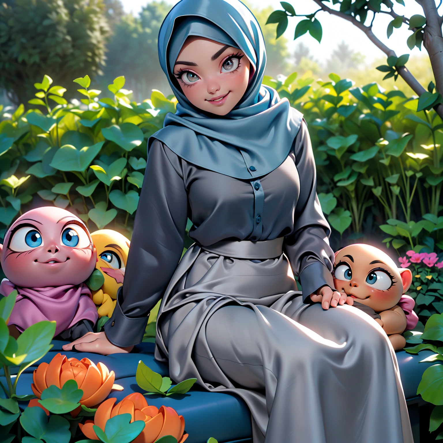 3dmm style, ((Masterpiece, best quality, photography, detailed skin, realistic, photo-realistic, 3D Character Design, pixar, real cartoon, High detail RAW colour art, diffused soft lighting, shallow depth of field, sharp focus, hyperrealism, cinematic lighting, ((close up)) hijab, a turkish lady, beautifully makeup, eyeshadow, Parted Lips, Detailed Eyes, Big eyes, brown eyes, long eye lashes, dimples on the cheeks, smile, wearing ((Gray satin hijab)), loosely tide hijab style, ((blue satin shirt)), satin long maxi skirt, sitting in the garden, outdoors