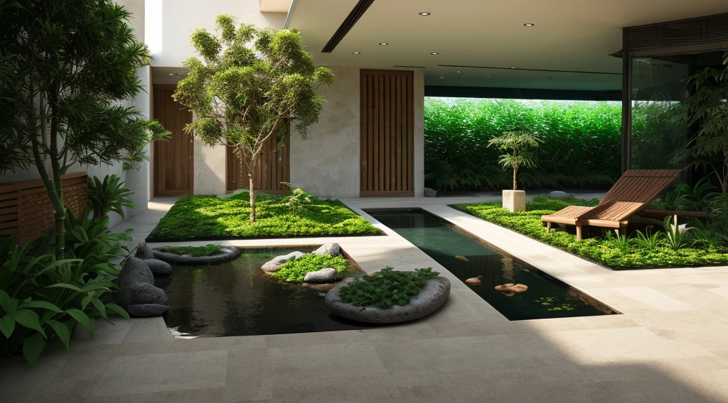 A photo of indoor garden, VietNam garden, exterior, trees, green architecture, lantern light, sand, stone, trees, mini rectangle lake, bamboo, architecture visualisation, photography, 8k, masterpiece, ultra quality