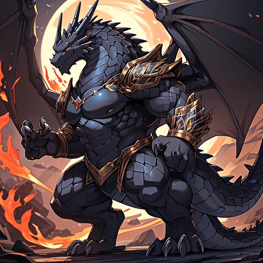(The violent and powerful Black Dragon King,Wearing modern black and gold armor:100),(Broad dragon body,majestic wingspan,Sharp dragon claws,thick dragon tail,The huge black dragon king,Huge dragon claws:2),Strong build,(blue dragon flame:2),blood moon,Mounts,full body picture,Very detailed,4K HD