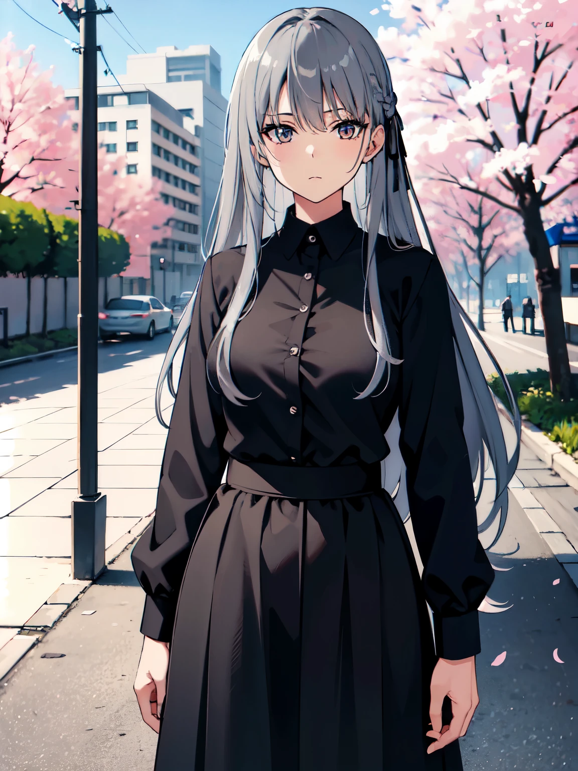 gray hair, long hair, wearing plain black shirt, long skirt, cherry blossom trees in background, absurdres, high res, ultrasharp, 8K, masterpiece, mature, detailed, sharp detailed black eyes, height = 165cm, medium breast 