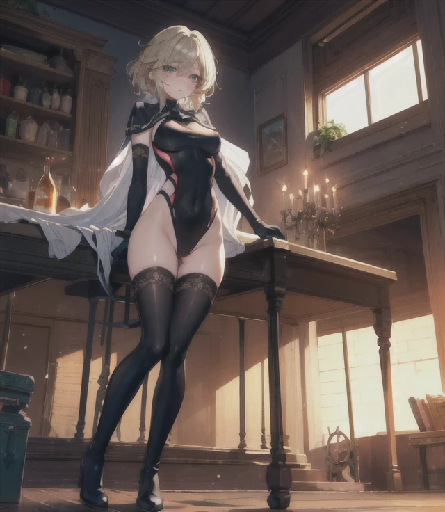 highest quality,sleep on your back in bed，Crab crotch，show me your boots，thigh high boots，leotardチラ見せ，glove，elegant, 1 girl, leotard，body suit，cute, blushed, looking at the viewer, from below, prison，blue eyes, beautiful eyes, beautiful background, particles of light, Light of the sun, dramatic lighting, outside, shiny, realistic, table top, highest quality, Super detailed, get used to it, scenery, beautiful and detailed eyes, thin hair，full body shot，