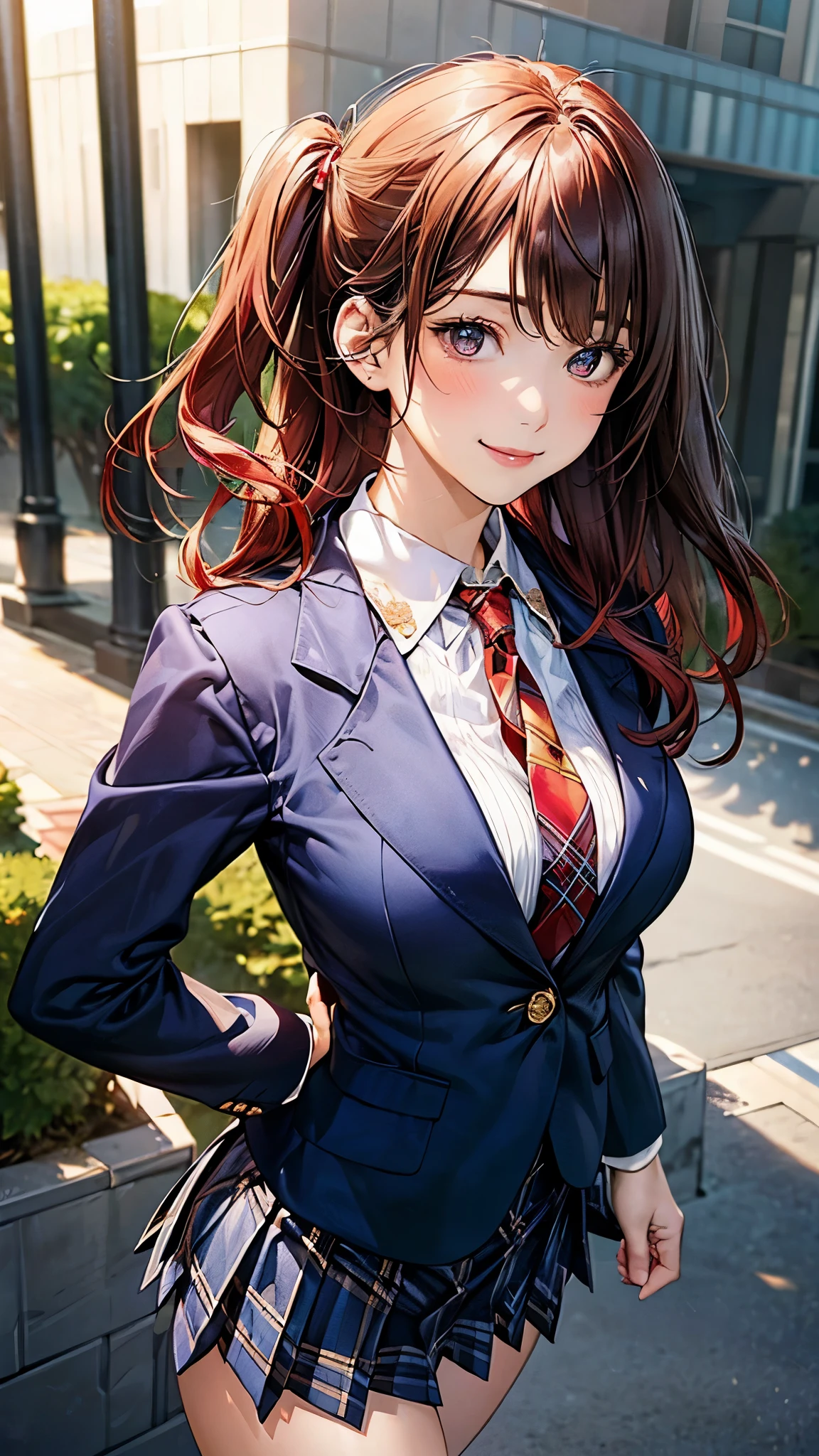 (masterpiece:1.2, top-quality), (realistic, photorealistic:1.4), beautiful illustration, (natural side lighting, movie lighting), 
looking at viewer, cowboy shot, front view, 1 girl, japanese, high school girl, perfect face, cute and symmetrical face, shiny skin, 
(middle hair:1.2, ((two side up:1.2)), brown hair), gold eyes, (large breasts:0.6, seductive thighs), 
beautiful hair, beautiful face, beautiful detailed eyes, beautiful clavicle, beautiful body, beautiful chest, beautiful thigh, beautiful legs, beautiful fingers, 
(((navy blazer, close blazer), white blouse shirt, light blue plaid pleated skirt, red ribbon tie), red hair ribbon), 
(beautiful scenery), evening, riverside, walking, (lovely smile, upper eyes), 