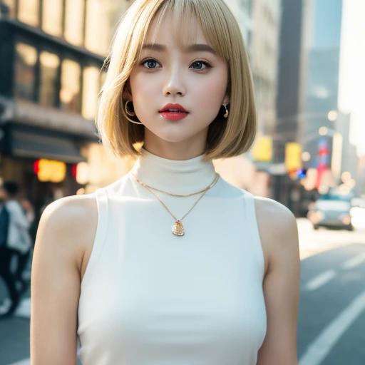 Beautiful girl high school student，masterpiece，light makeup，red lips，blonde，bob cut，street background，beautiful，grace。super fine details，work，authentic texture，Realistic movie lighting，完美的work，8K，HD，exquisite features，White Skinny Turtleneck Top，White Skinny Shorts，Chubby body type，big and bright eyes，earrings，necklace