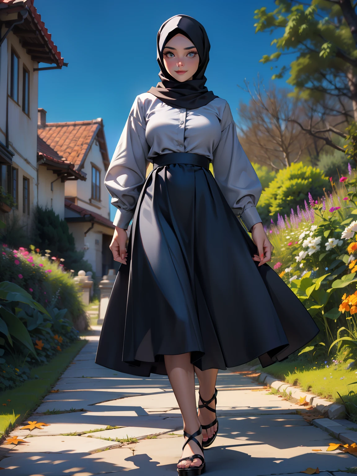 3dmm style, Masterpiece, realistic, best quality, best lighting, beautiful mature Czech woman, 1 girl photo solo, beautifully makeup, eyeshadow, Parted Lips, Detailed Eyes, beautiful big eyes, long eye lashes, dimples on the cheeks, smile, wearing ((Dark blue satin hijab)), loosely tide hijab style, ((gray satin shirt and satin long skirt)), (Half-body portrait), Front view, Symmetric Centre, facing the viewer, walking on trails autumn garden.