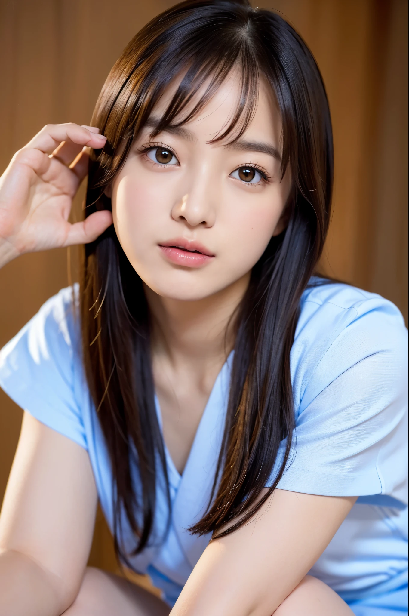ulzzang -6500-v1.1, (Raw foto:1.2), (Photorealsitic:1.4), a beautiful detailed girl, extremely detailed eye and face, beatiful detailed eyes, Ridiculous, unbelievable Ridiculous, huge filesize, ultra-detailliert, hight resolution, ighly detailed, top-quality, masterpiece, Kemomimi, ((Bury your face in a white scarf)), (((Japan schoolgirl uniform))), illustratio, ighly detailed, nffsw, unification, 8k wallpaper, astonishing, finely detail, masterpiece, top-quality, Highly detailed ticker uniform 8K wallpaper, face lights、Cinematographic lighting、1girl in、sixteen years old、(witheout panties)、((dynamicposes)))、(camel's toe)、(half)、(Crooked knees and legs sitting))